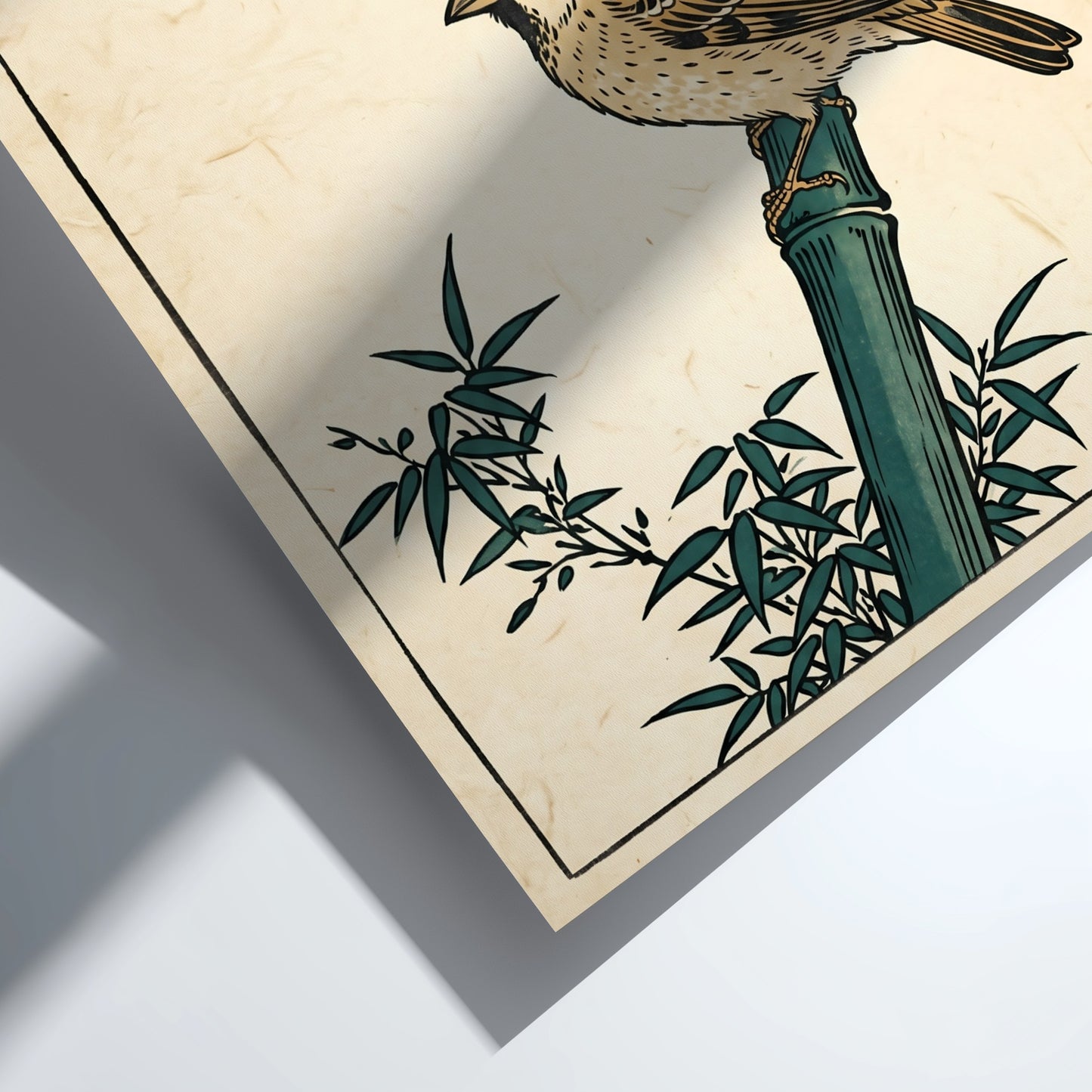 Japanese art style poster featuring sparrows on bamboo in warm colors