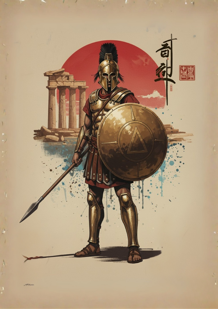 Illustration of a warrior in ancient armor with a shield and spear, set against a classical architecture background.