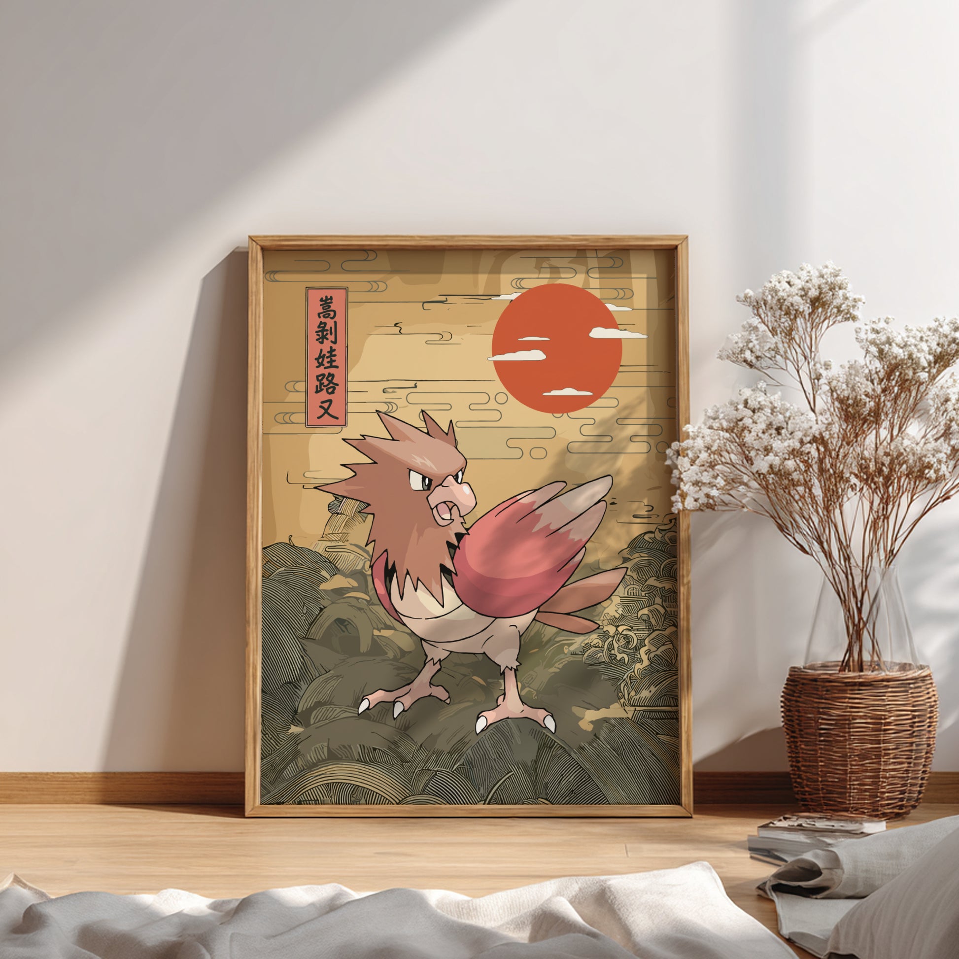 Framed artwork of Spearow Pokemon character on a wall with a vase of flowers in the corner.