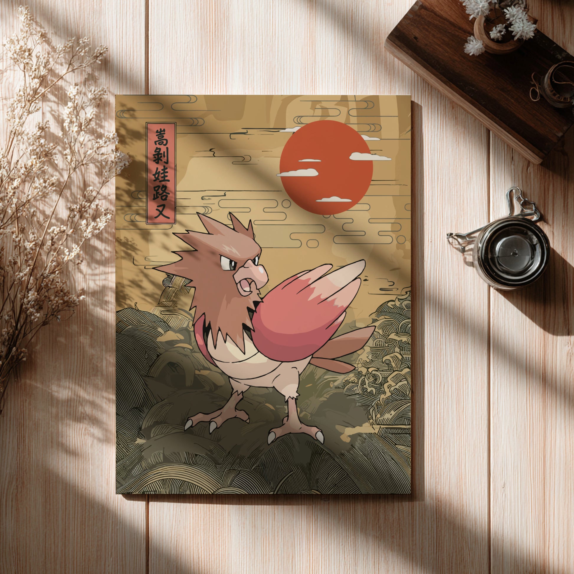 Canvas print with Spearow Pokemon design on a wooden surface with a cup and branches.