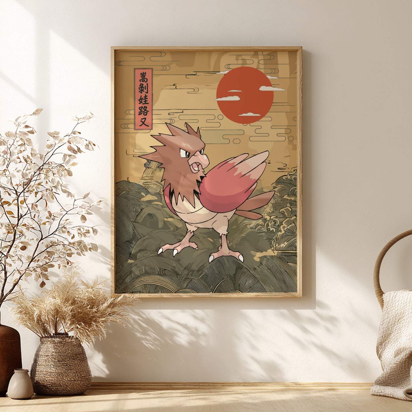 Framed artwork of a stylized Spearow Pokemon on a wall with decorative elements.