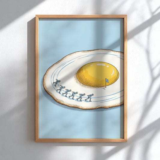 Poster featuring speed skaters racing on a fried egg with a blue background