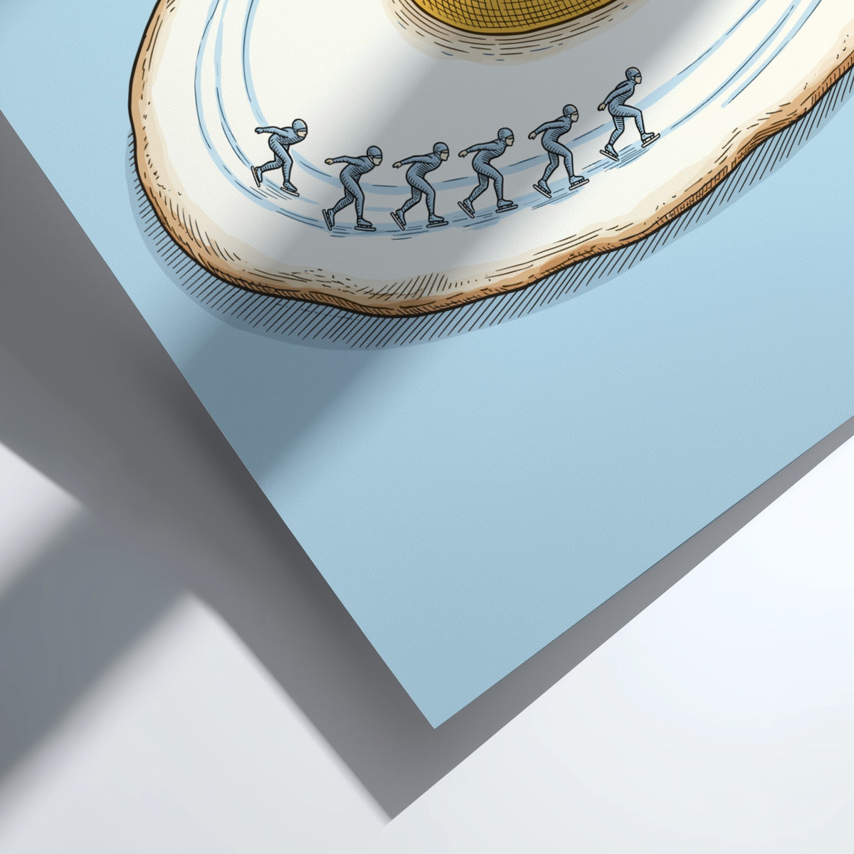 Poster featuring speed skaters racing on a fried egg with a blue background