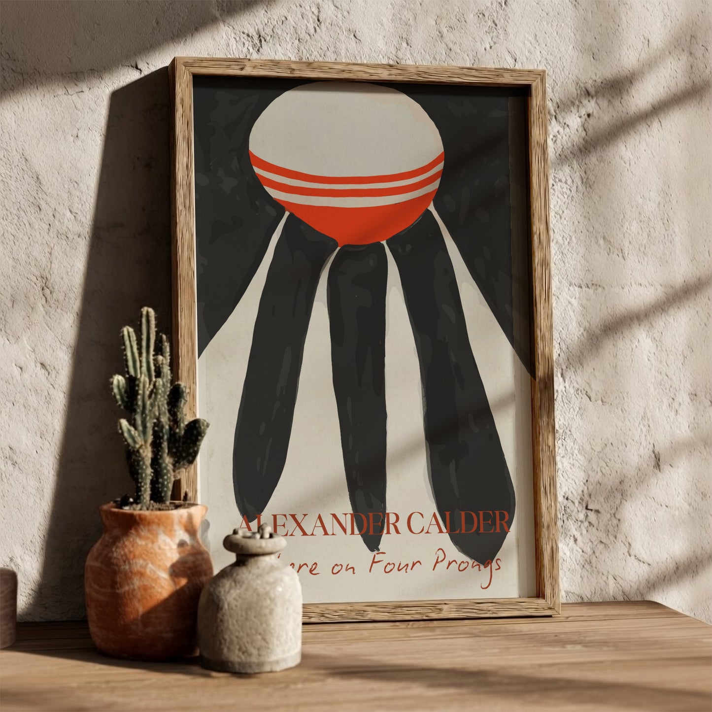 Poster of Alexander Calder's abstract drawing 'Sphere on Four Prongs' in red, white, black, and grey.