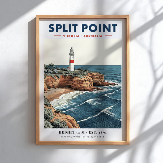 Poster of Split Point lighthouse in Victoria, Australia, featuring rugged cliffs and waves.