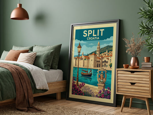 Split Croatia travel poster featuring Diocletian's Palace, sailboat, and flowers in a retro illustrative
