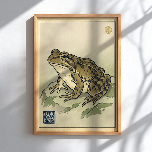 Spotted frog study poster in Japanese art style with earthy tones and detailed illustration
