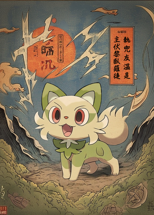 Sprigatito Pokemon character with fox-like features in a stylized landscape with Chinese text and symbols.