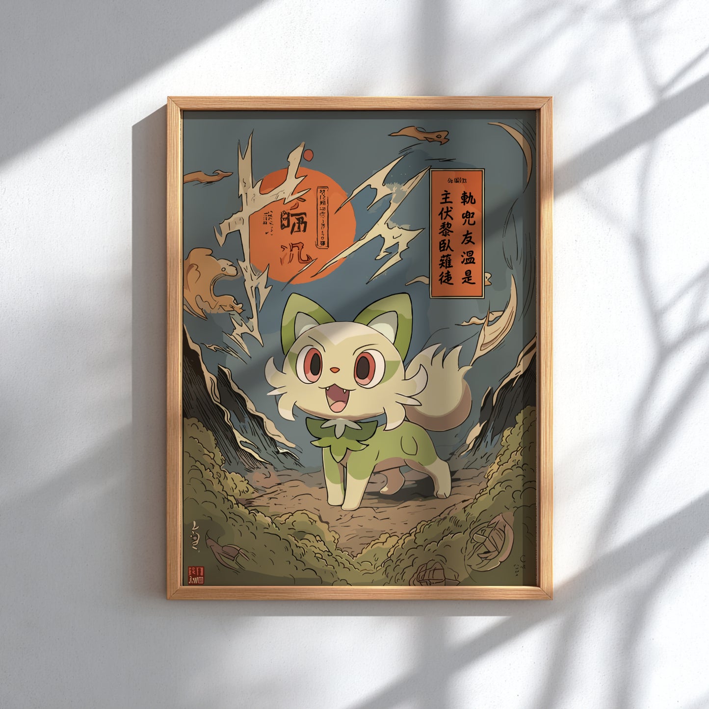 Framed artwork with Sprigatito Pokemon character in a natural setting