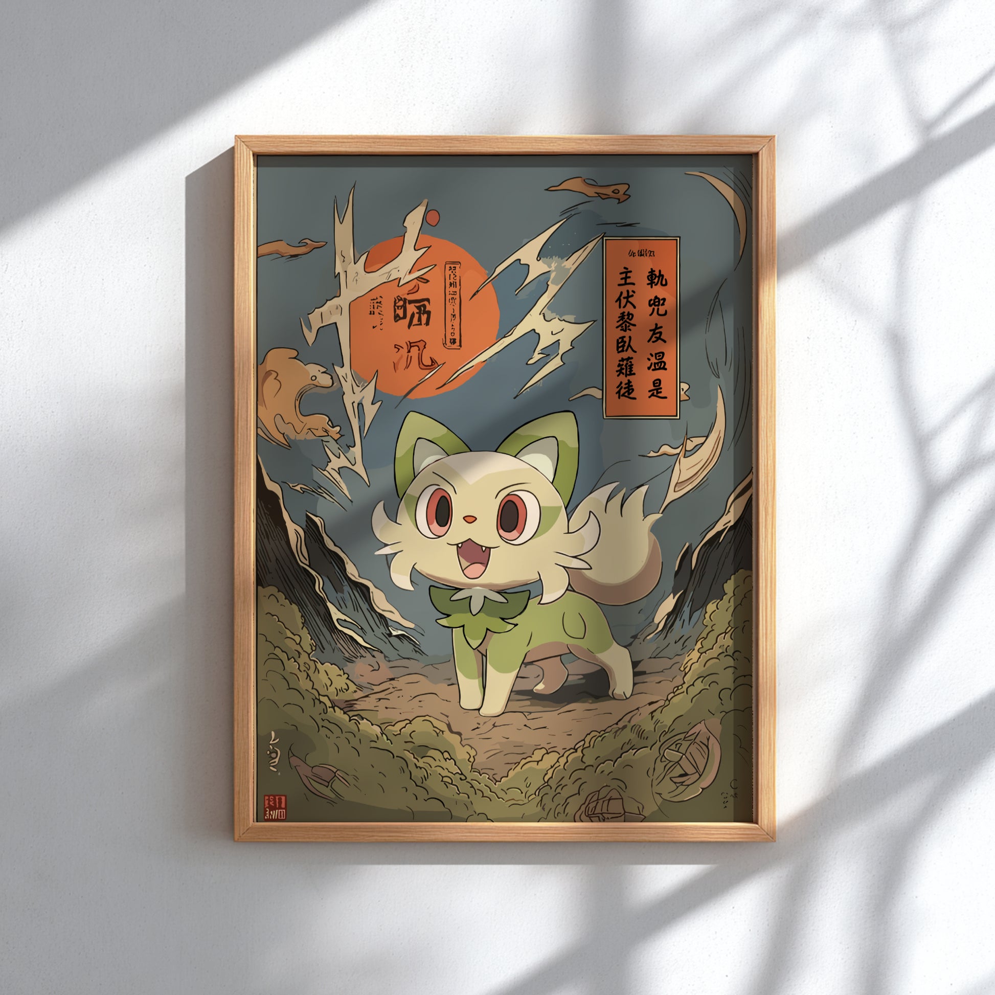 Framed artwork with Sprigatito Pokemon character in a natural setting
