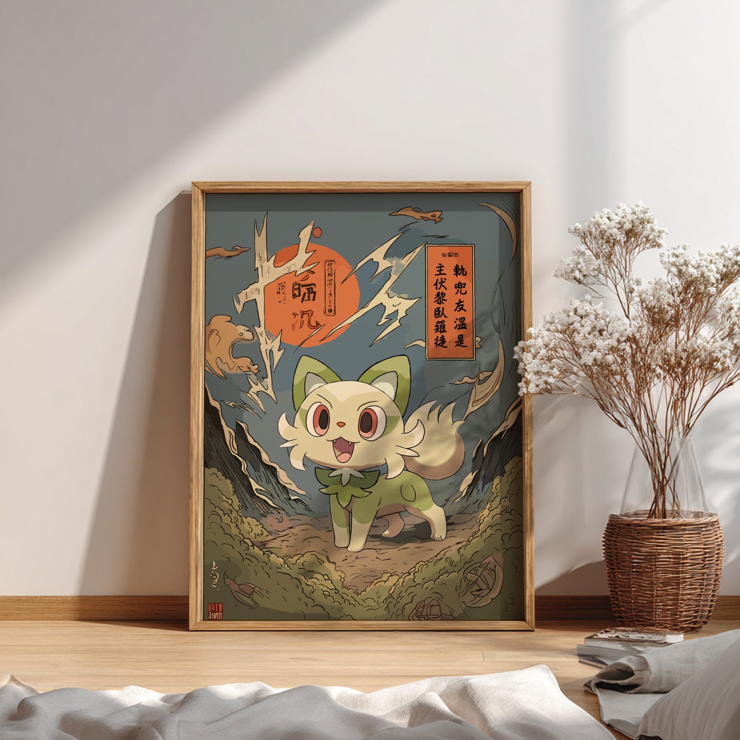 Framed artwork of Sprigatito Pokemon character on a wall with a vase of flowers.