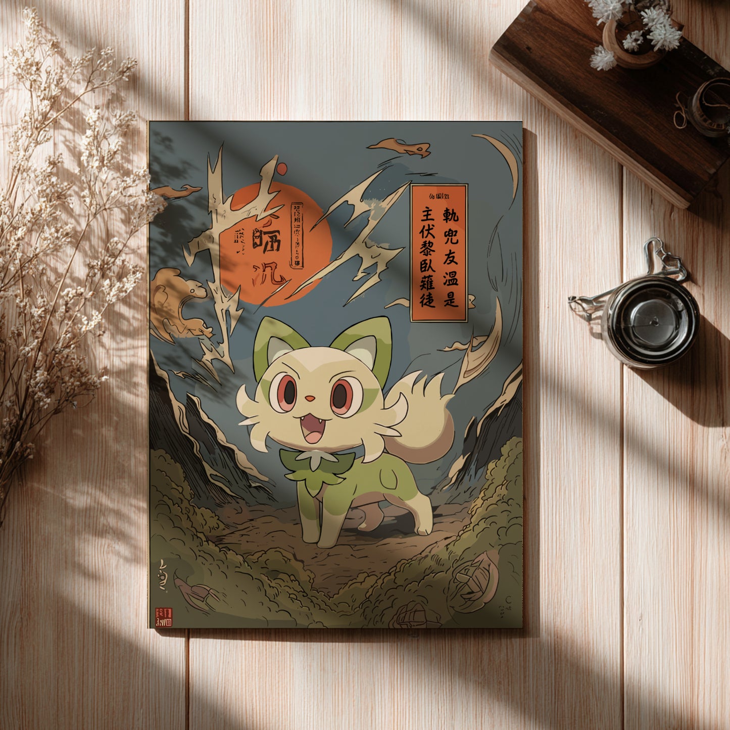 Sprigatito Pokemon character on a notebook cover with decorative elements on a wooden surface