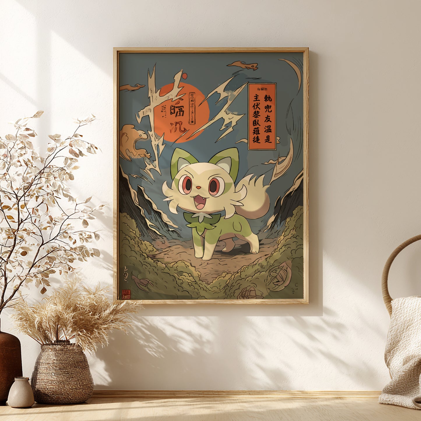 Framed artwork of Sprigatito Pokemon character on a wall with decorative elements.