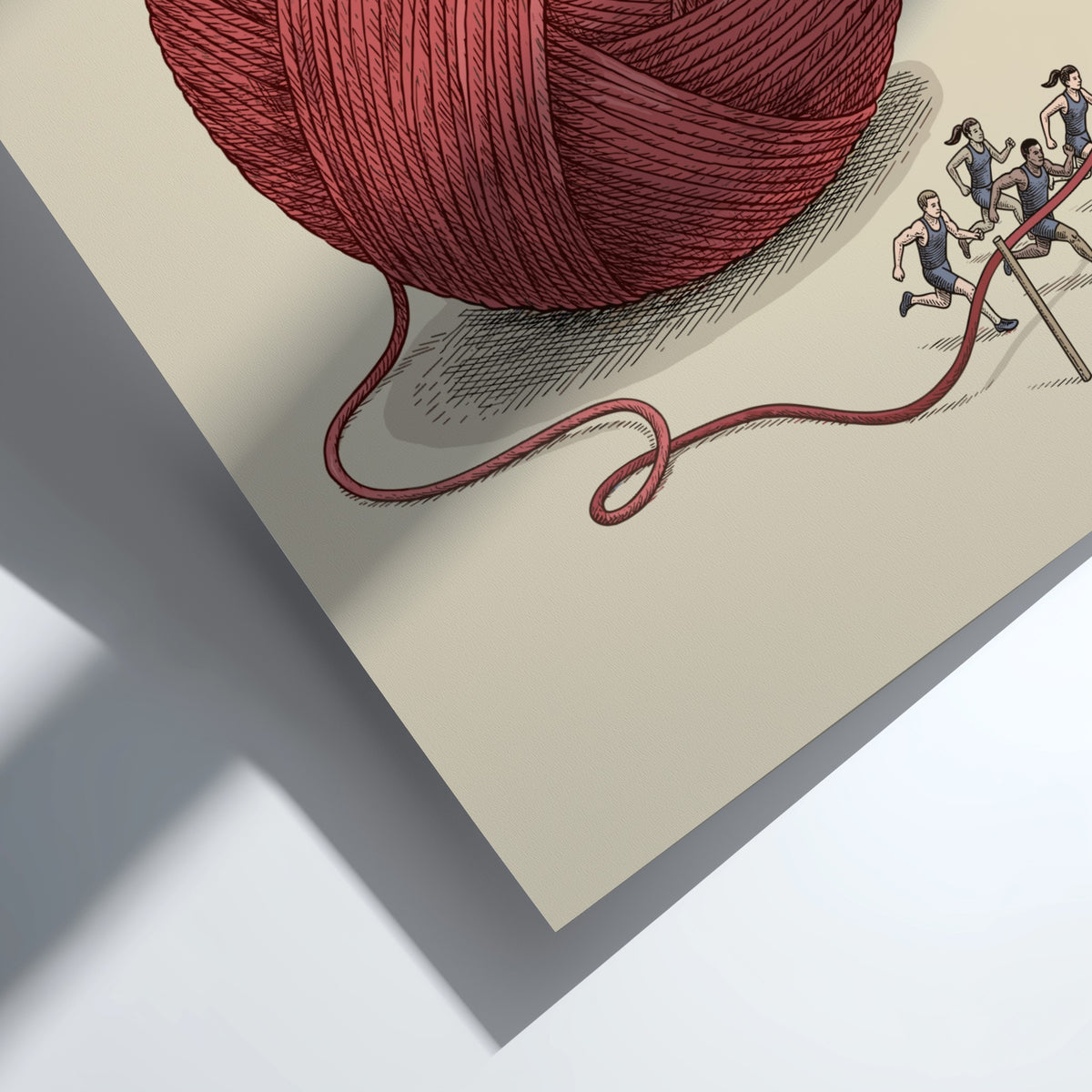 Poster featuring runners sprinting toward a finish line unraveling from a giant red yarn ball.