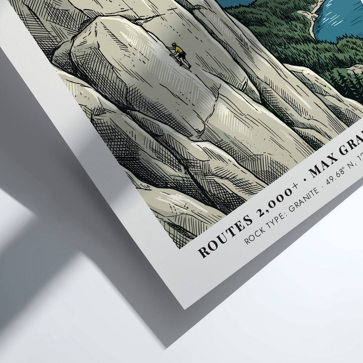 Poster of a climber on Squamish granite cliffs with mountains and water scenery.