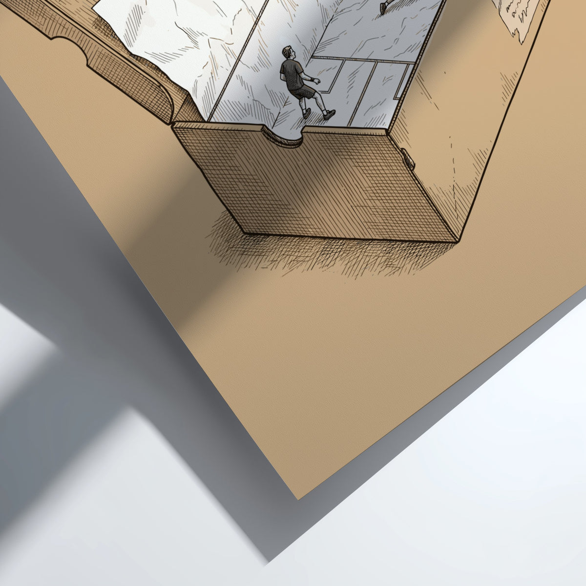 Poster featuring two squash players competing inside a cardboard shoebox with tissue paper