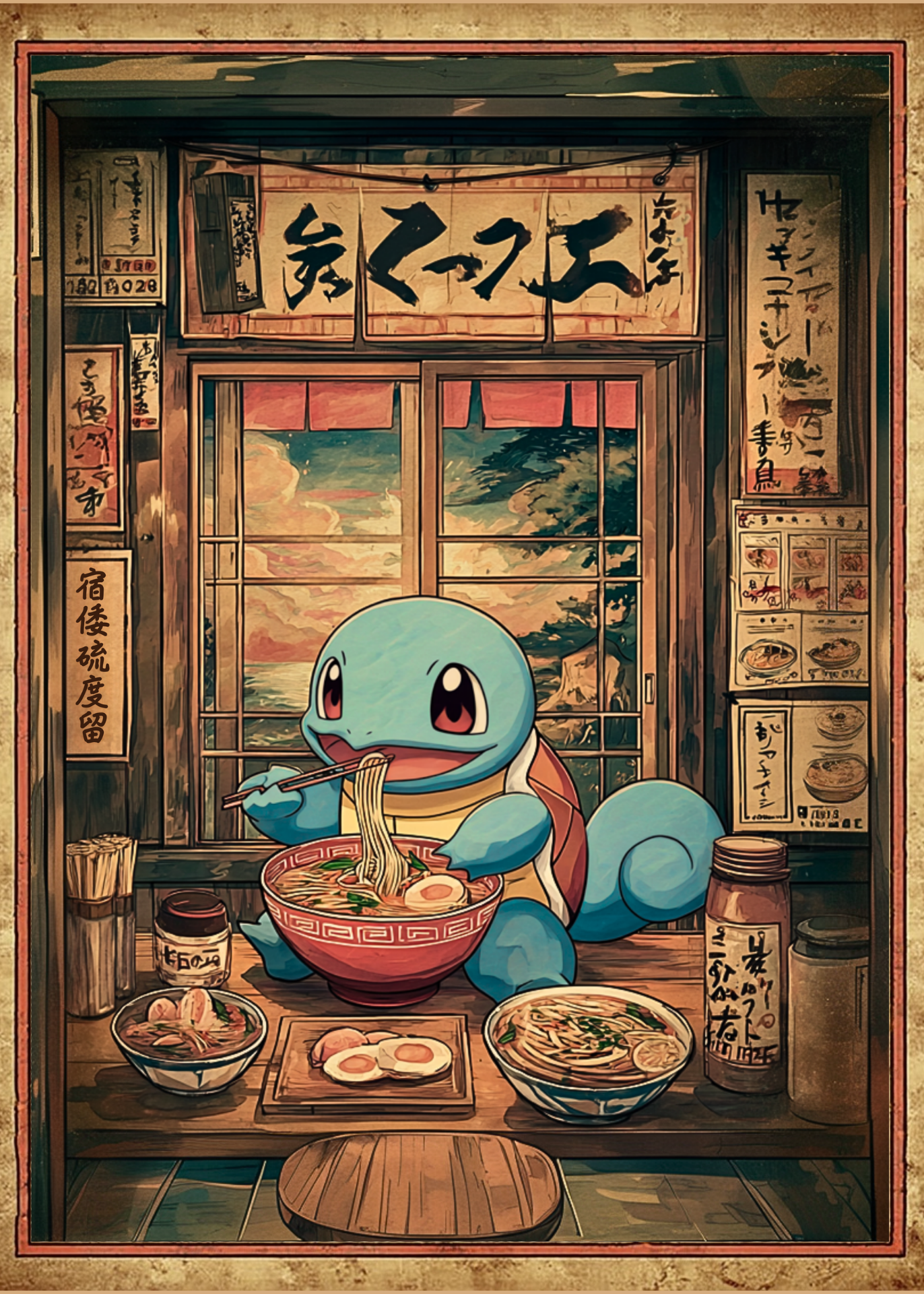 Squirtle eating ramen in a Japanese restaurant setting with traditional decor.