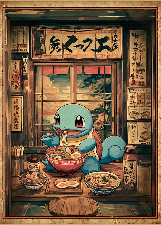 Squirtle eating ramen in a Japanese restaurant setting with traditional decor.