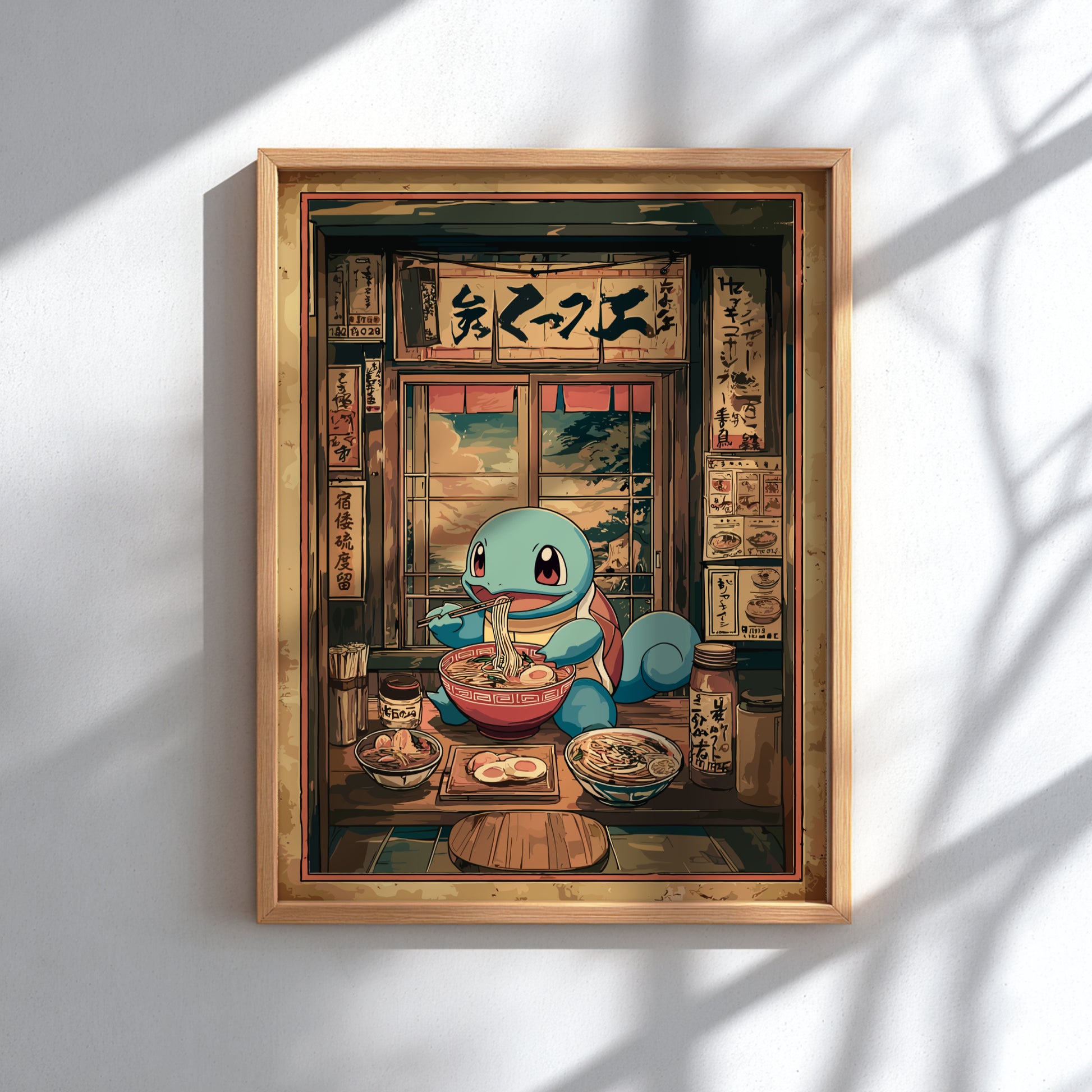 Framed artwork of Squirtle eating in a Japanese restaurant setting.