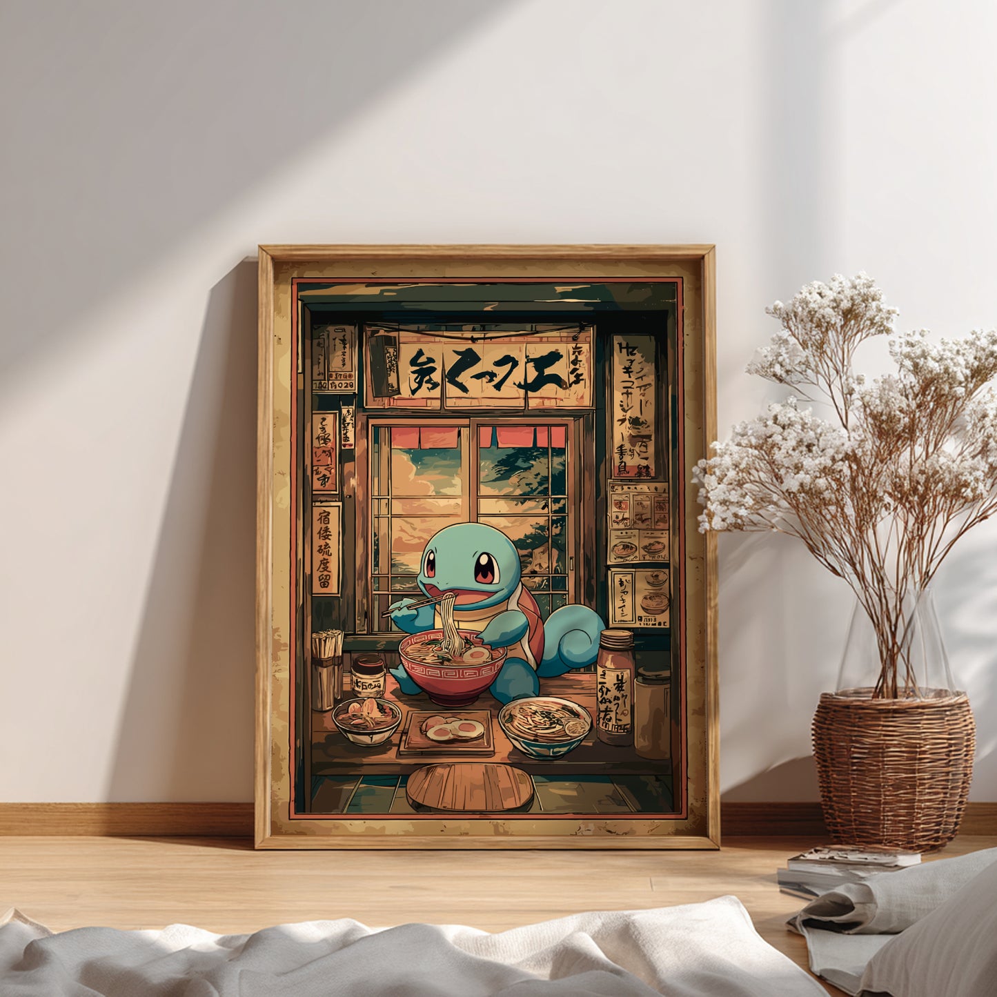 Framed artwork of Squirtle character in a traditional Japanese restaurant setting on a wall.