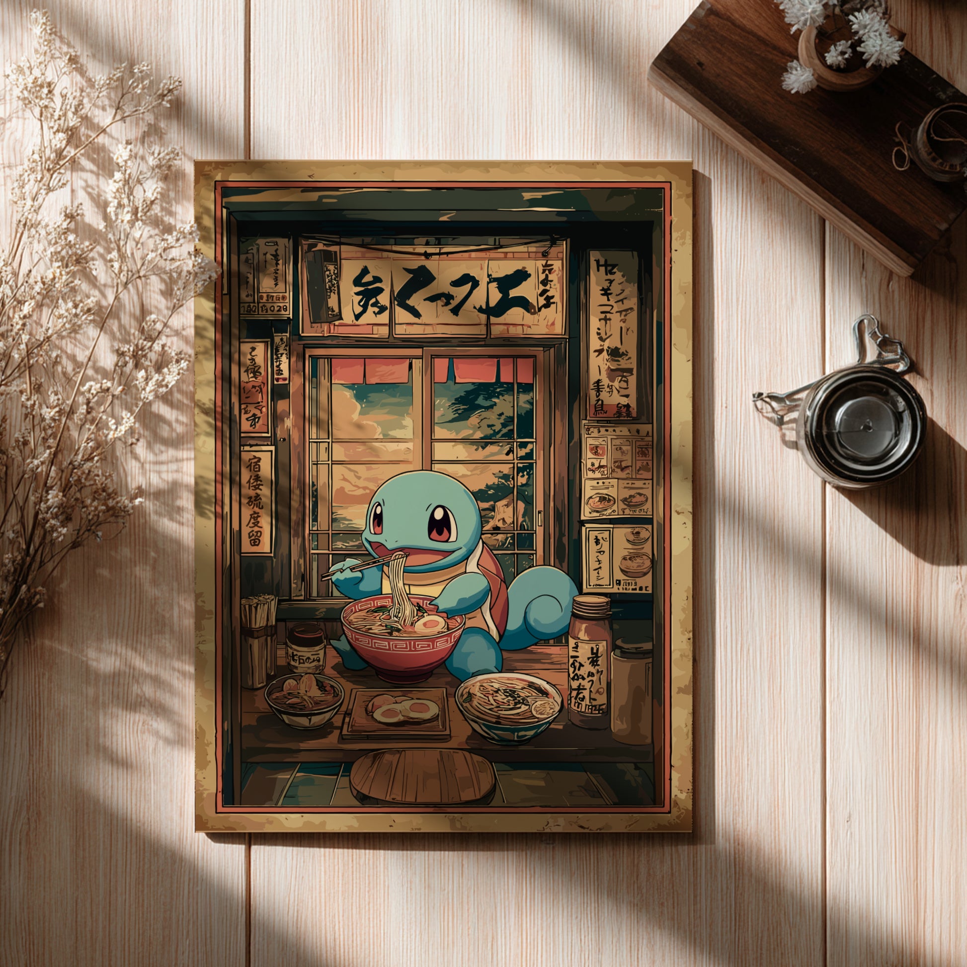 Squirtle eating ramen in a Japanese restaurant setting with wooden interior and decor.