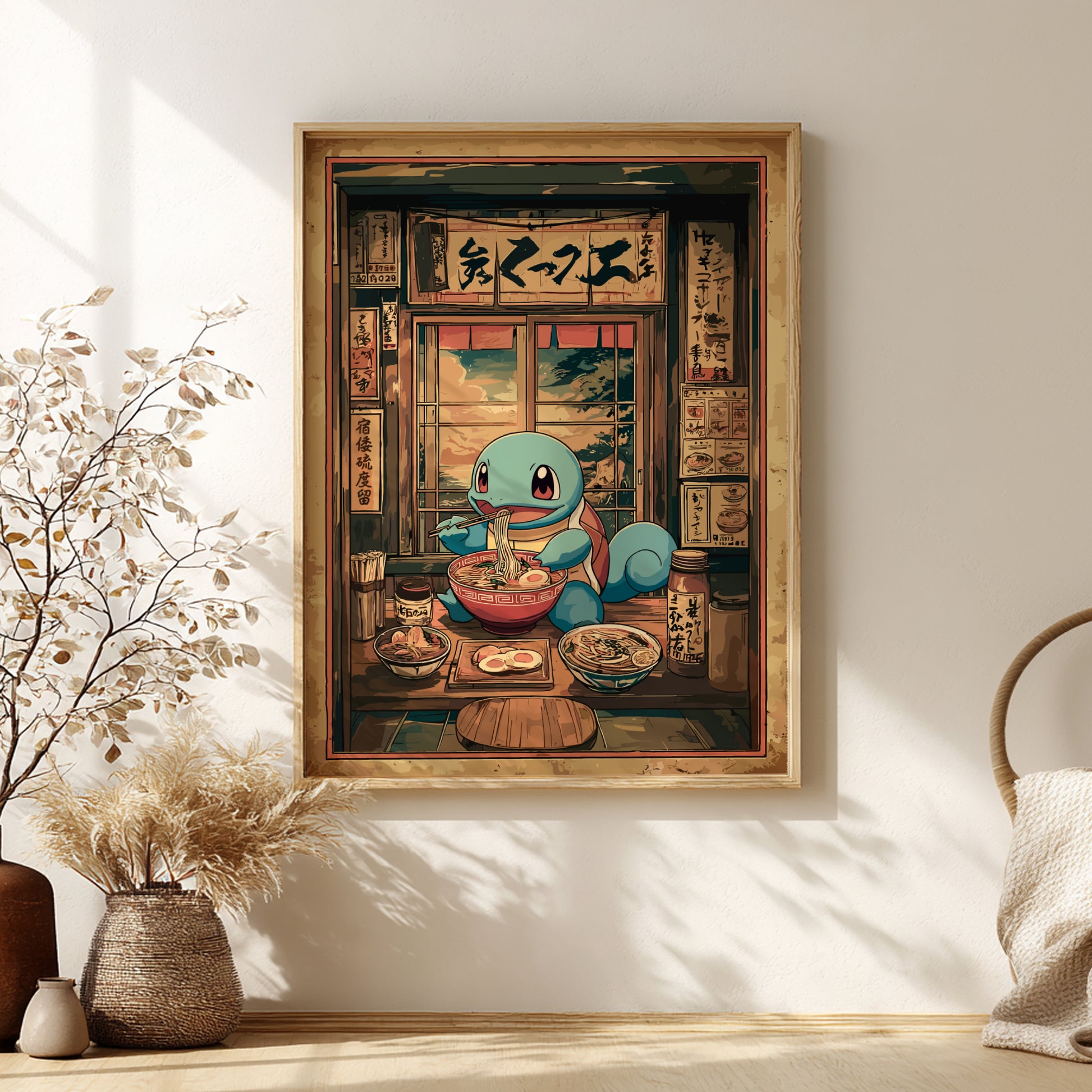 Framed artwork of Squirtle character in a Japanese restaurant setting on a wall.