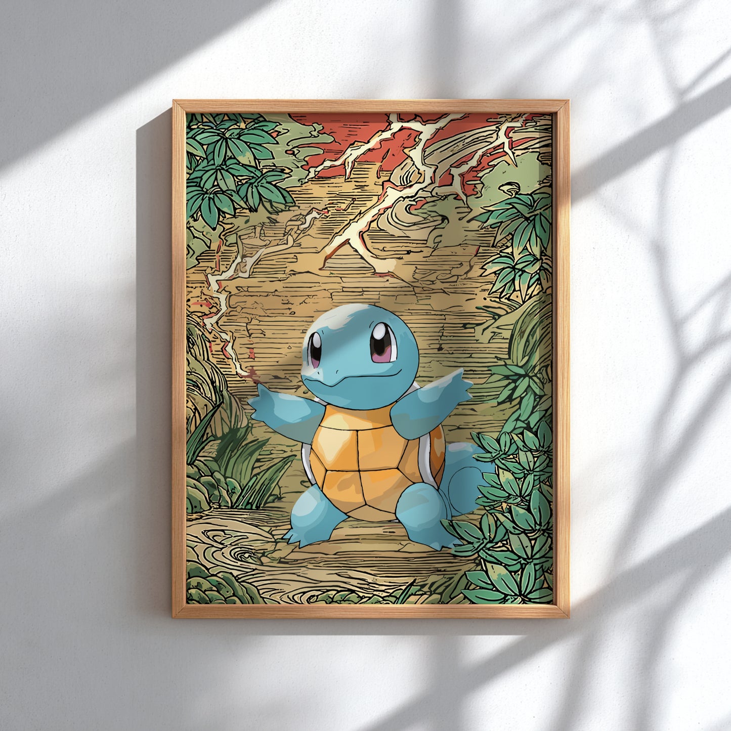 Framed artwork of Squirtle Pokemon in a natural setting