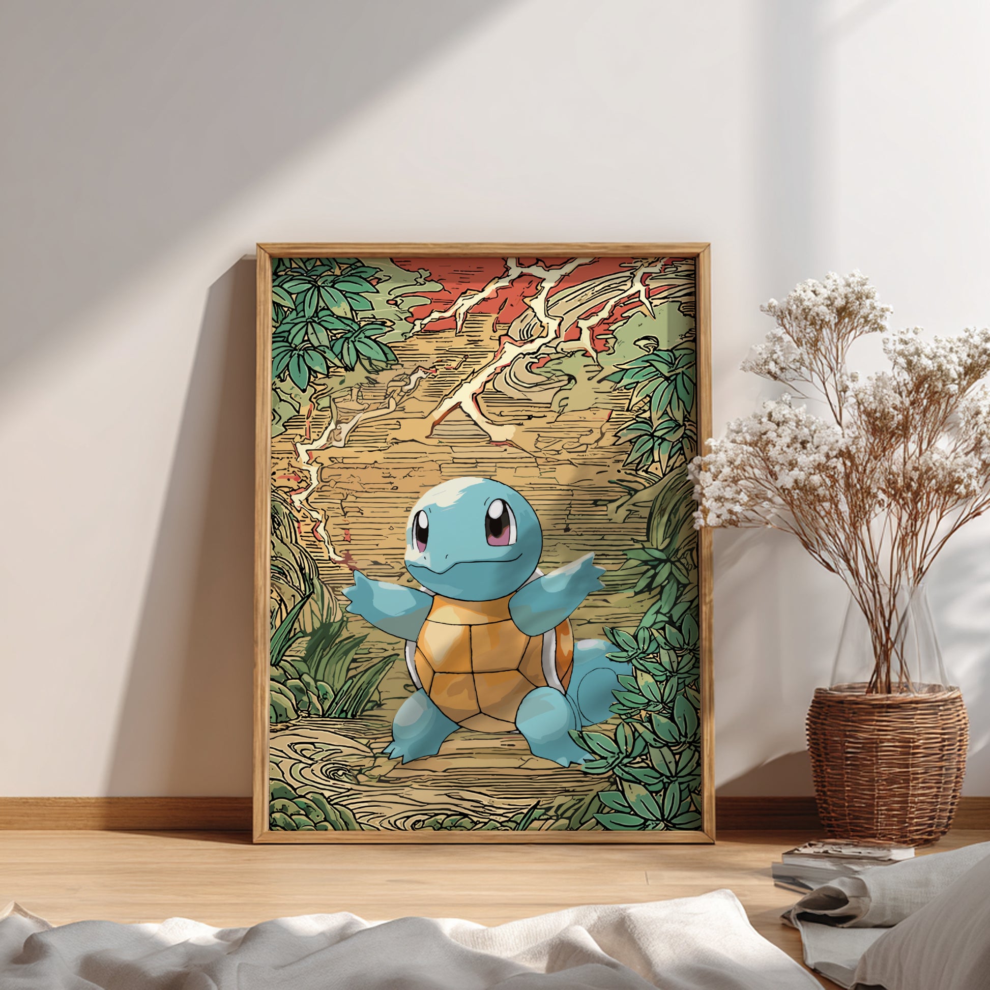 Framed illustration of Squirtle Pokemon in a natural setting on a wall.