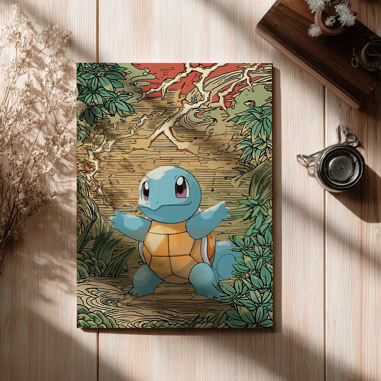 Squirtle from Pokémon on a wooden surface with natural elements