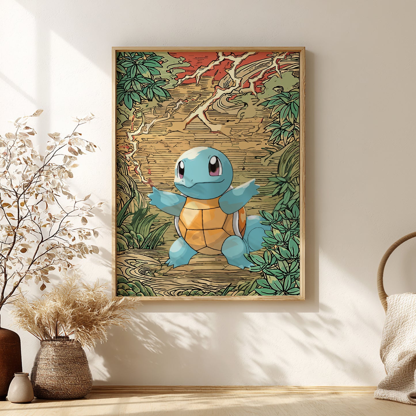 Framed artwork of Squirtle Pokemon character in a natural setting on a wall.