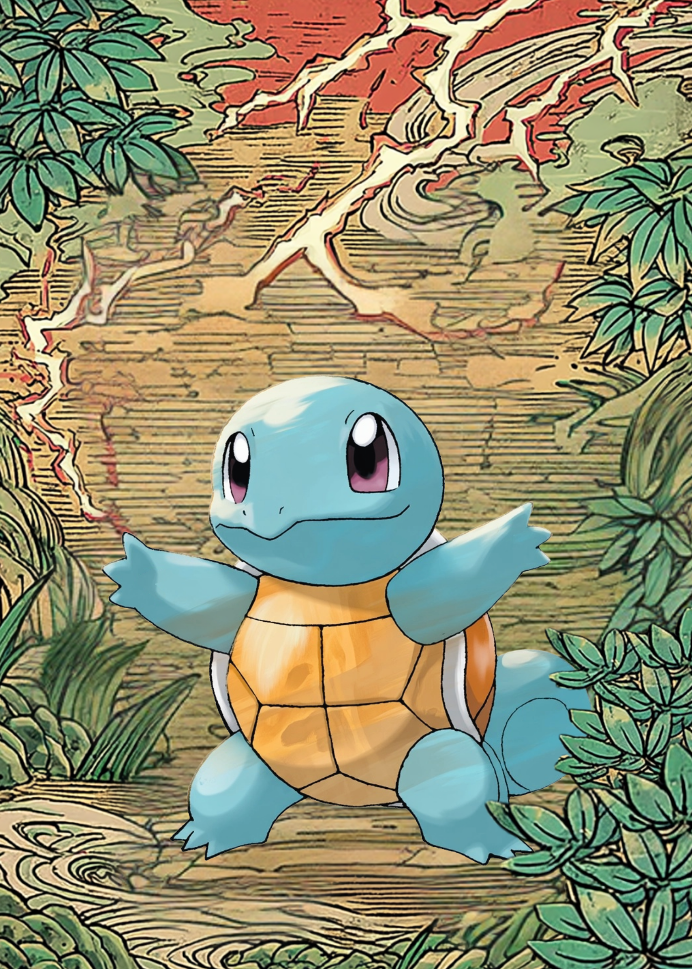 Squirtle Pokemon character in a natural setting with plants and branches.