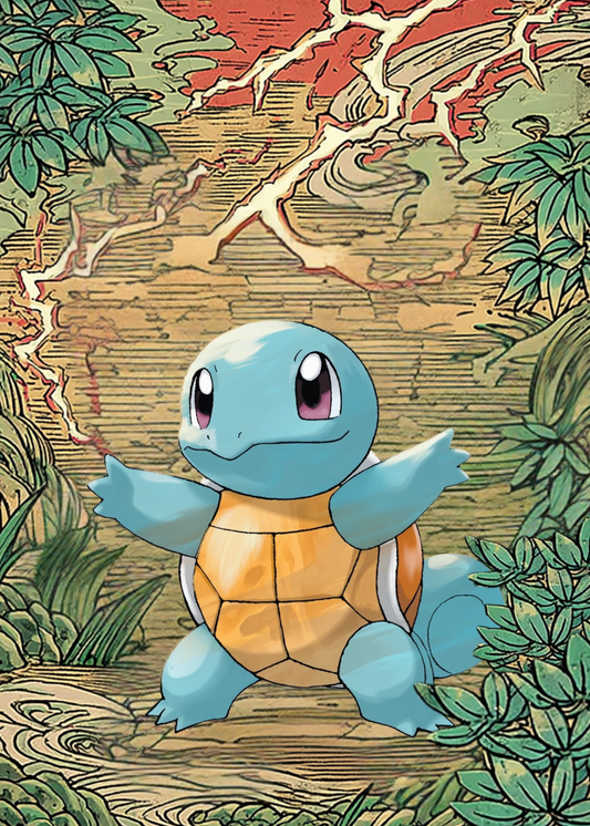 Squirtle Pokemon character in a natural setting with plants and branches.