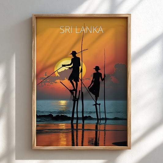 Framed artwork of fishermen on stilts with 'Sri Lanka' text against a sunset sky.