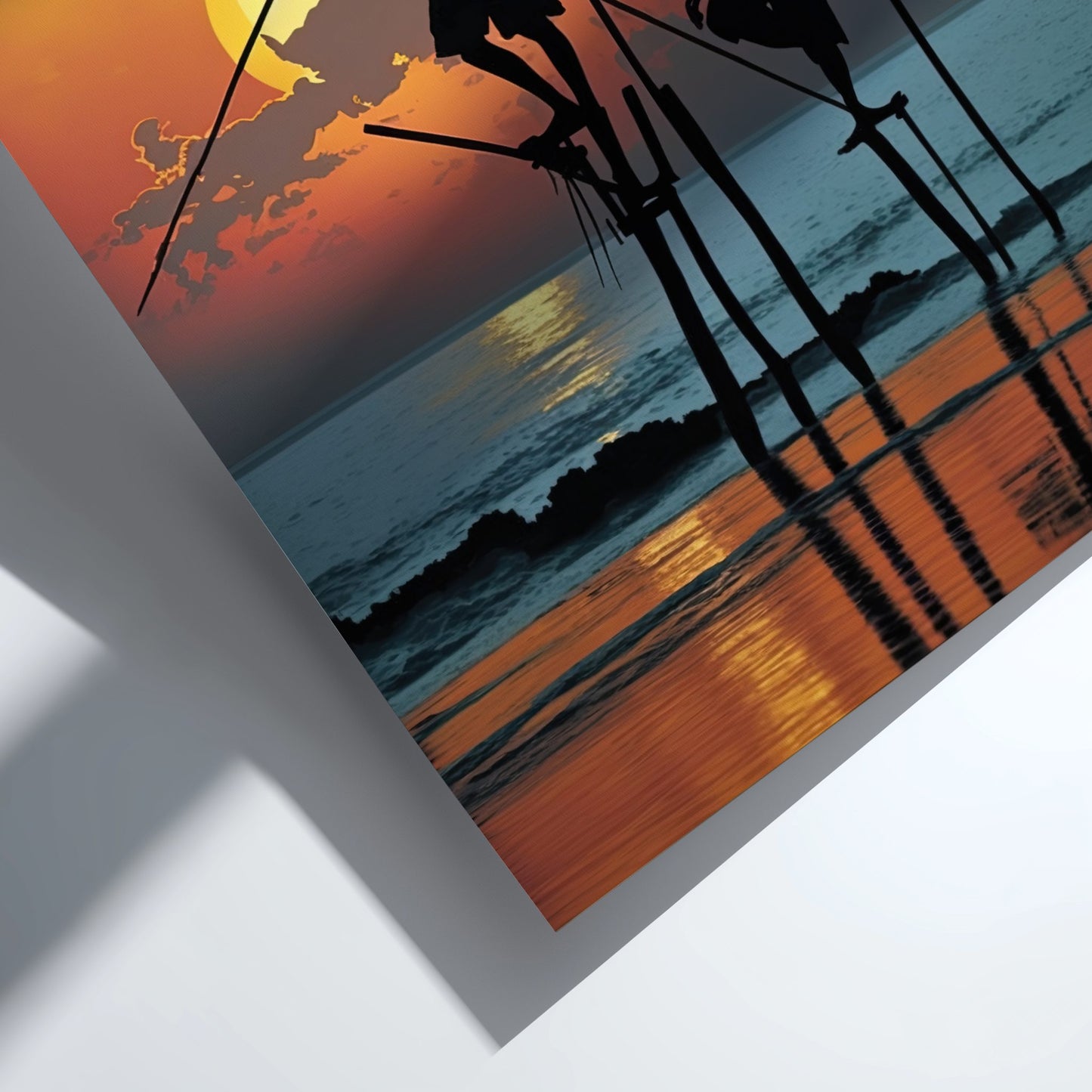 Fishing scene with sunset and silhouette of a person on a boat