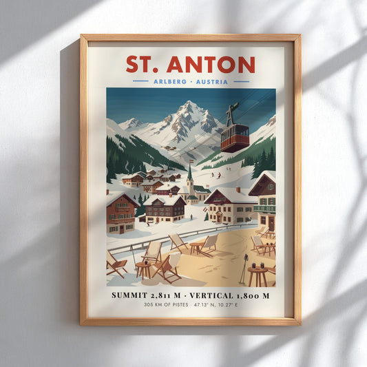 St. Anton ski resort poster featuring mountains and village in vintage style