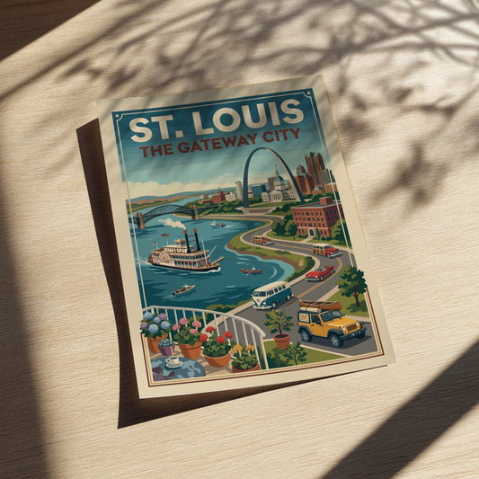 Retro St. Louis travel poster featuring the Gateway Arch, riverboat, and vintage cars with a blue sky and