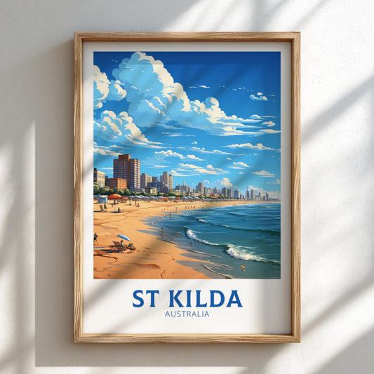 Framed artwork of St Kilda beach with city skyline on a white wall