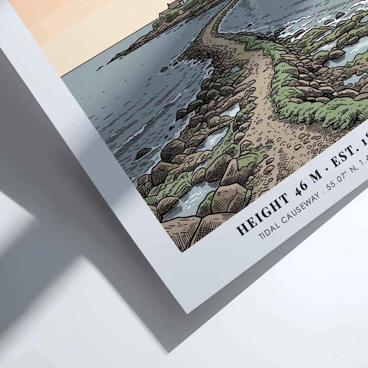 Coastal travel poster featuring St Marys Lighthouse in Whitley Bay with tidal causeway