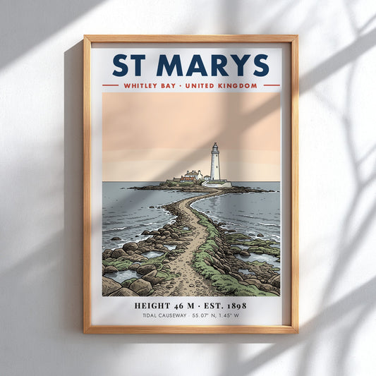 Coastal travel poster featuring St Marys Lighthouse in Whitley Bay with tidal causeway