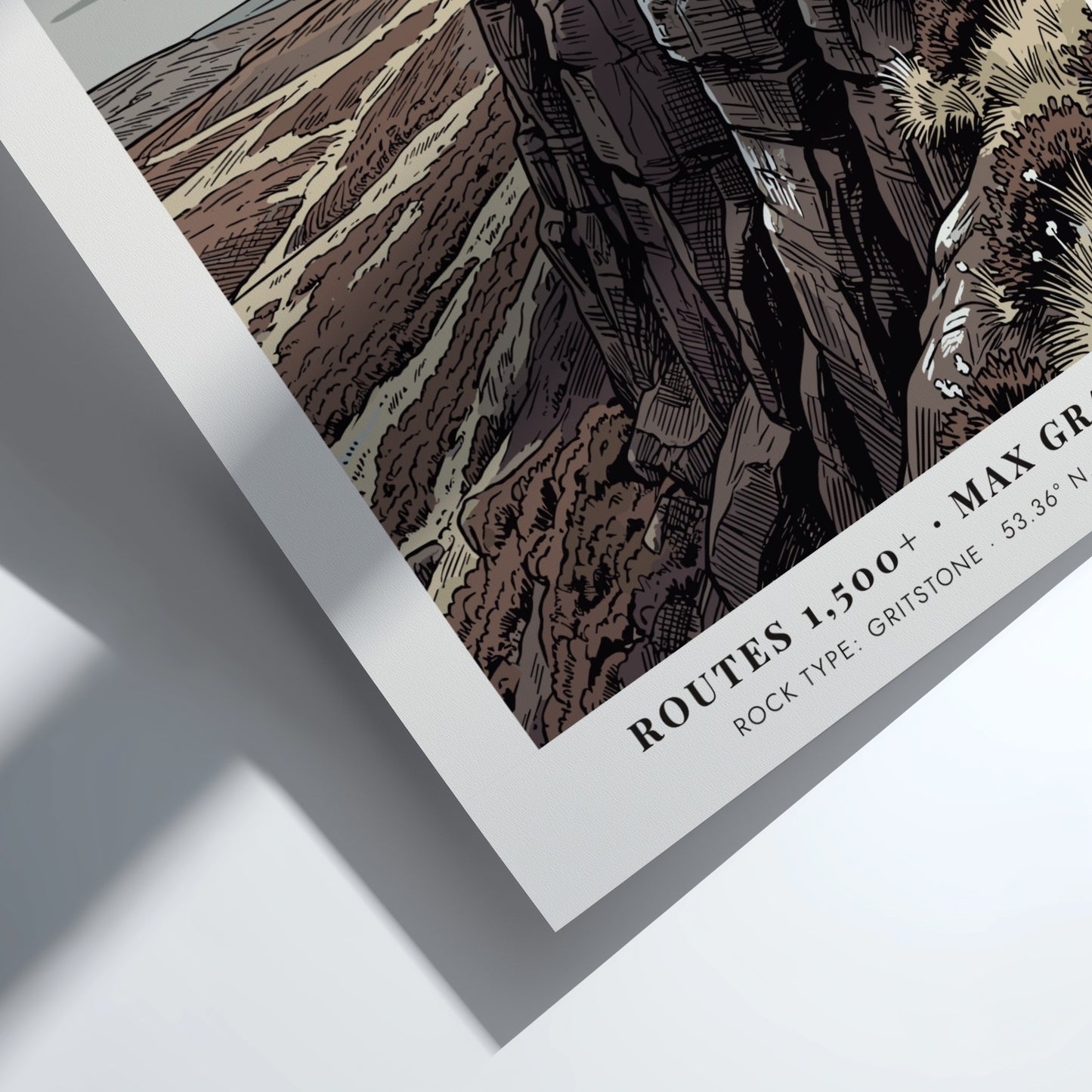 Poster of a climber on Stanage Edge featuring muted earth tones and gritstone