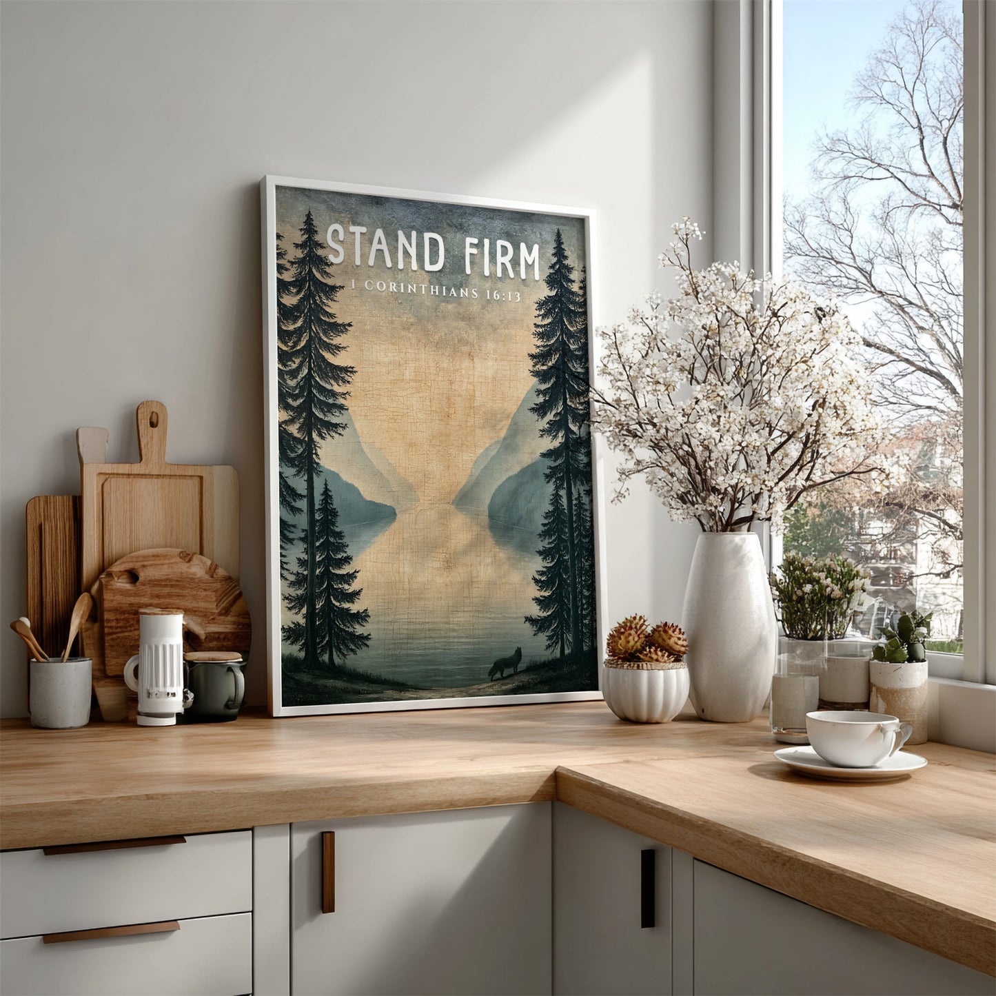 Stand Firm poster featuring a serene landscape with trees and a lake, inspired by 1 Corinthians 16:13,
