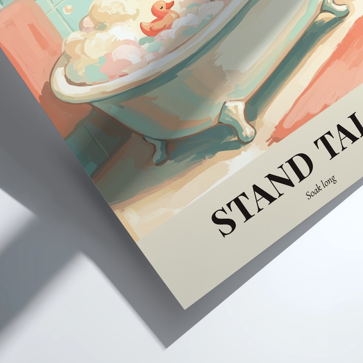 Poster of a pink flamingo standing in a clawfoot bathtub with bubbles and text.