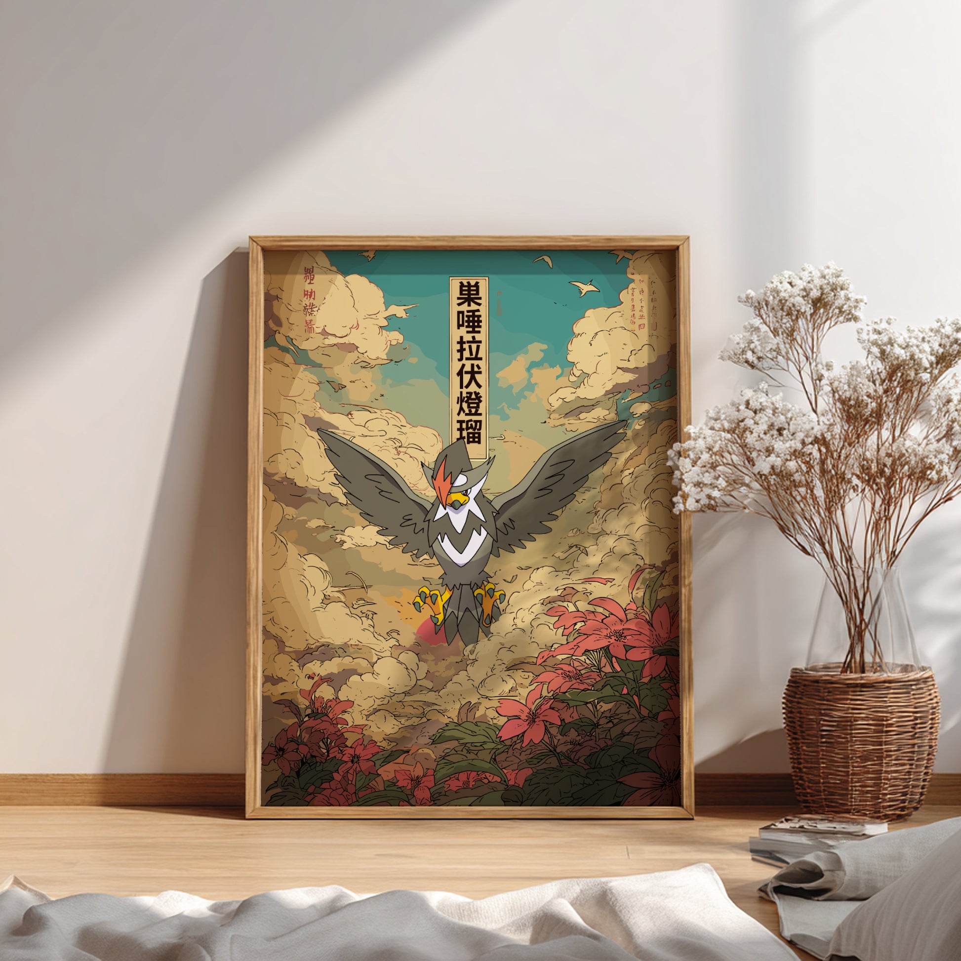 Framed artwork of Staraptor Pokemon in a natural setting on a wall with a vase of flowers.