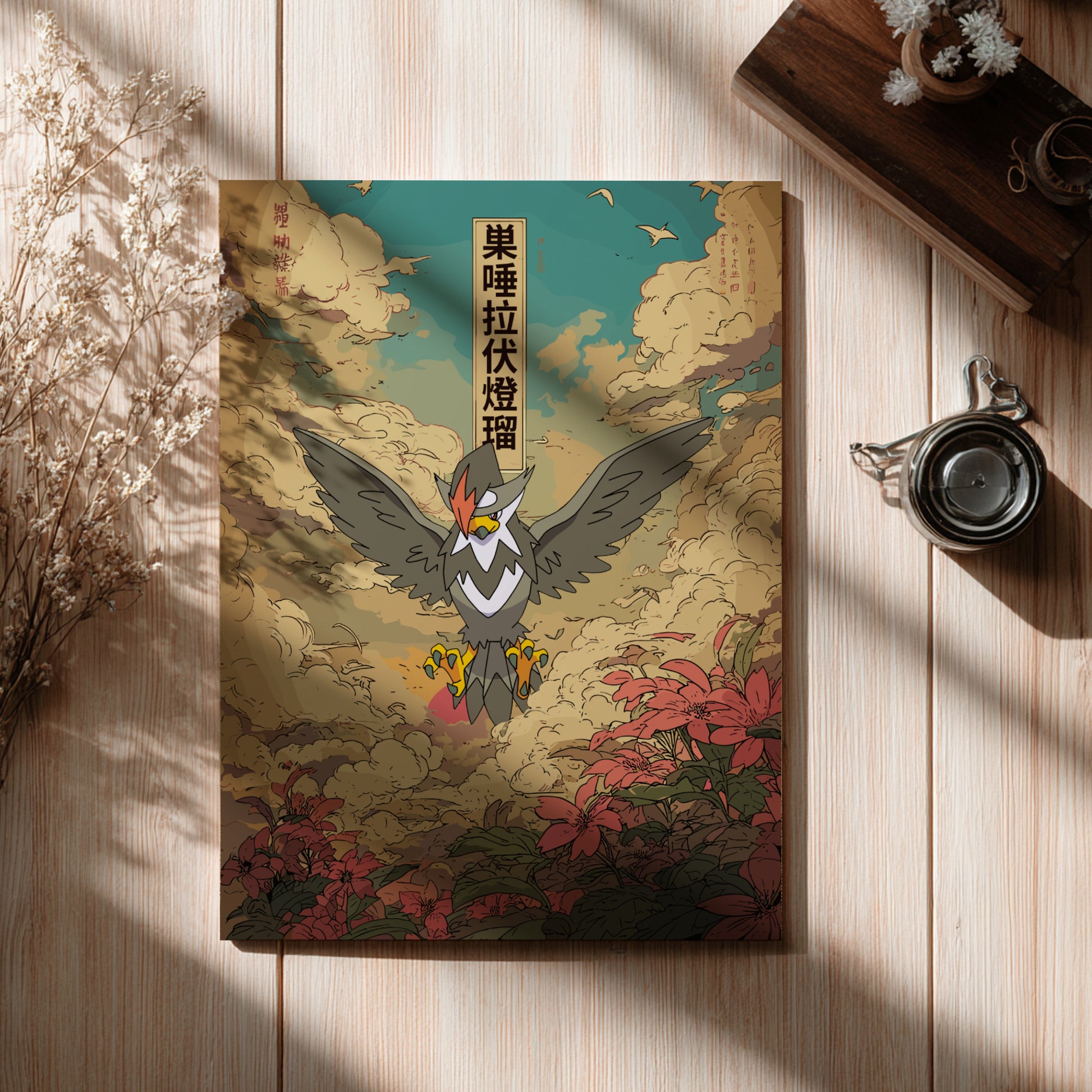 Decorative poster with a Staraptor Pokemon illustration on a wooden surface