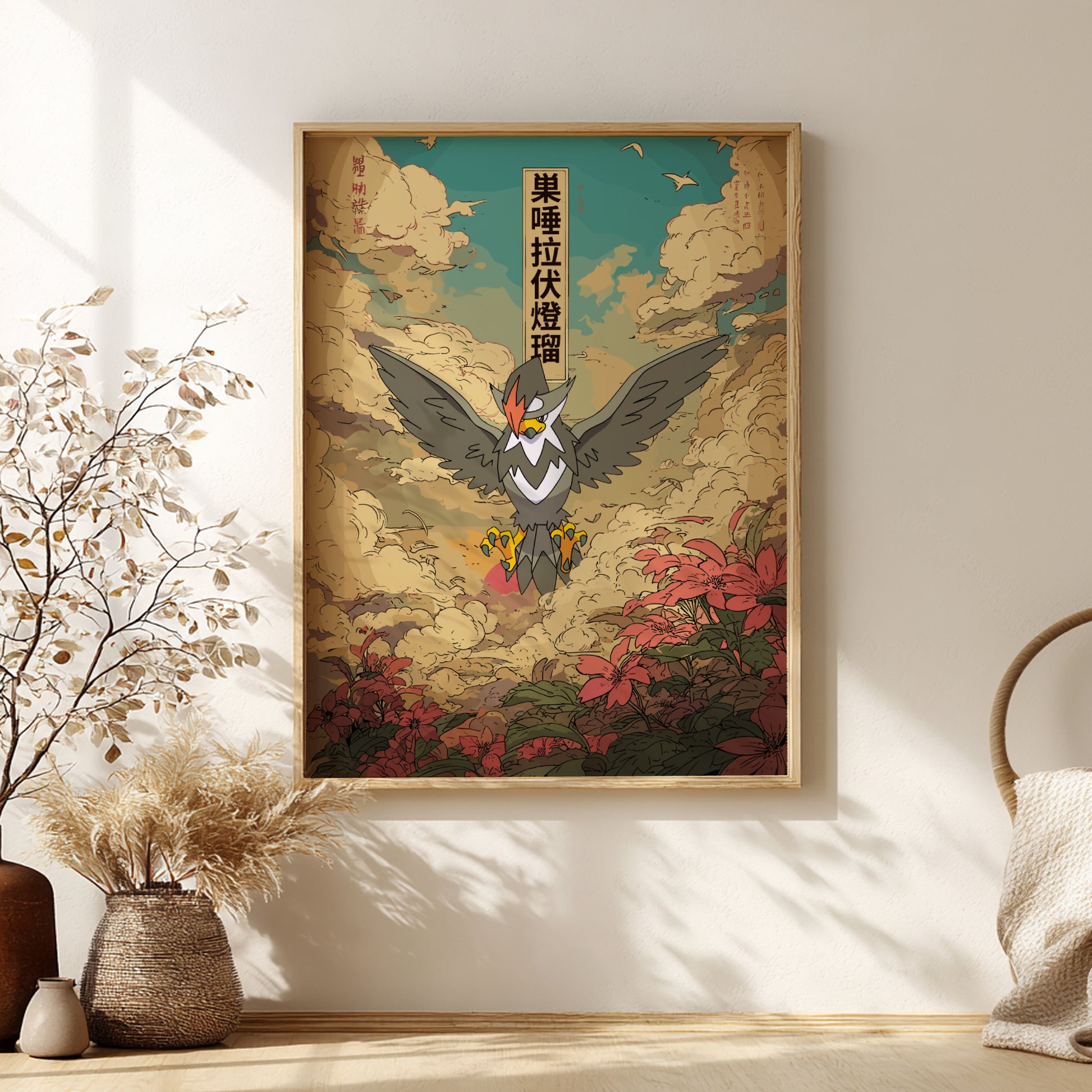 Framed artwork of a Staraptor Pokemon with a mountainous landscape in a room with decor elements.
