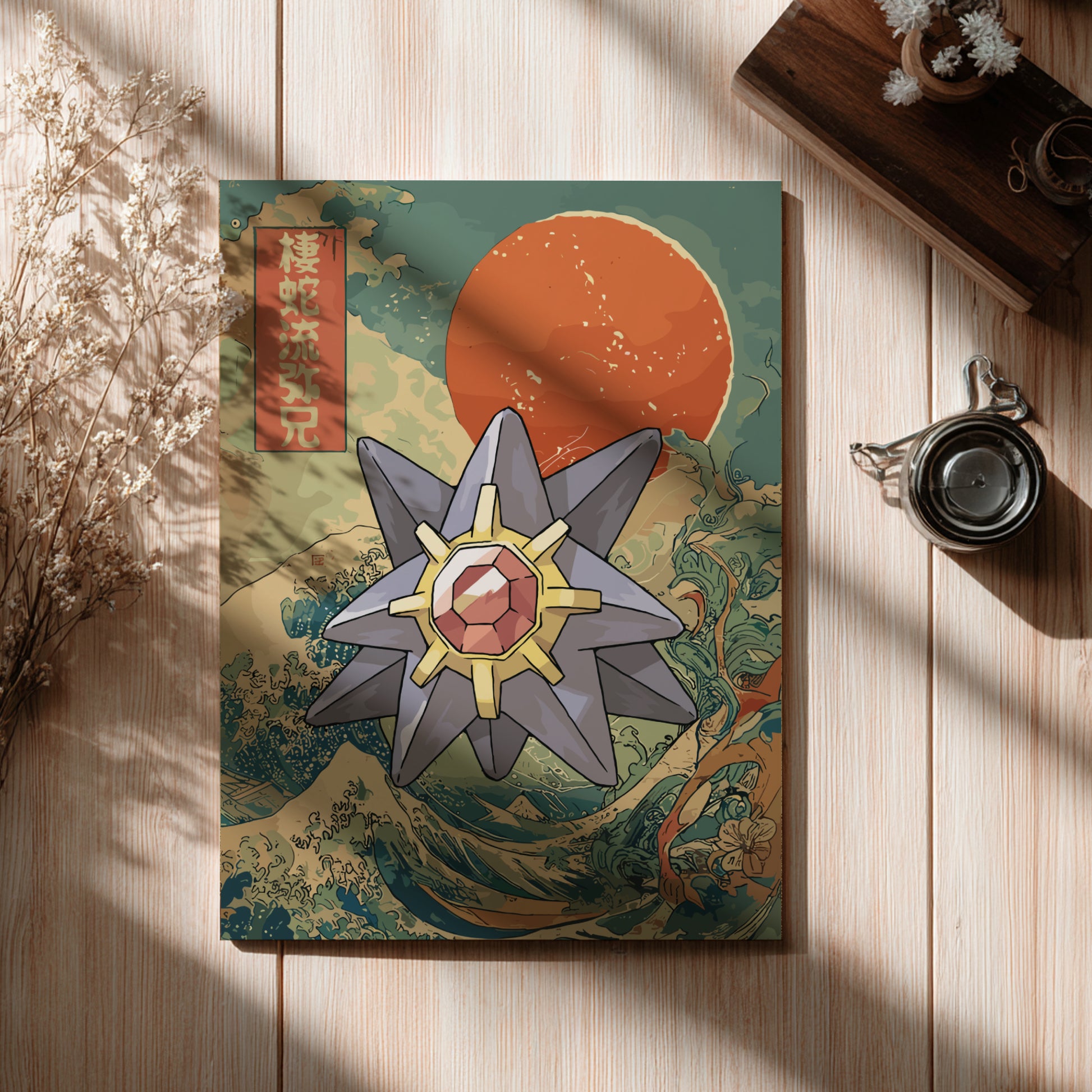 Decorative poster with a Starmie Pokemon design on a wooden surface