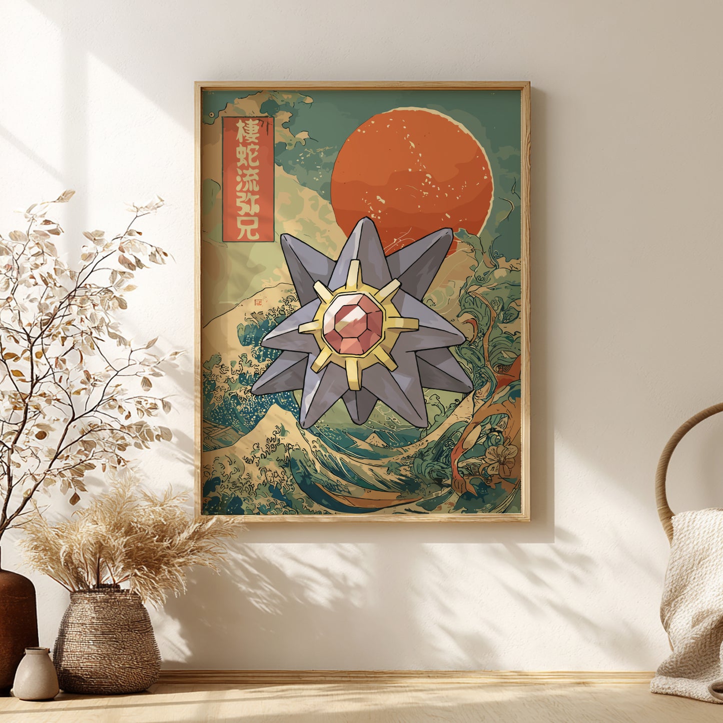 Framed artwork with a stylized Starmie Pokemon design on a wall with decorative elements.