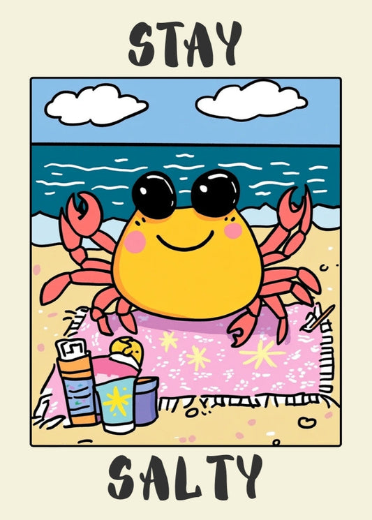 Stay Salty Retro Crab Poster – Vintage Beach Wall Art, Coastal Summer Decor, Nautical Typography Print, Ocean Aesthetic, Beach House Artwork