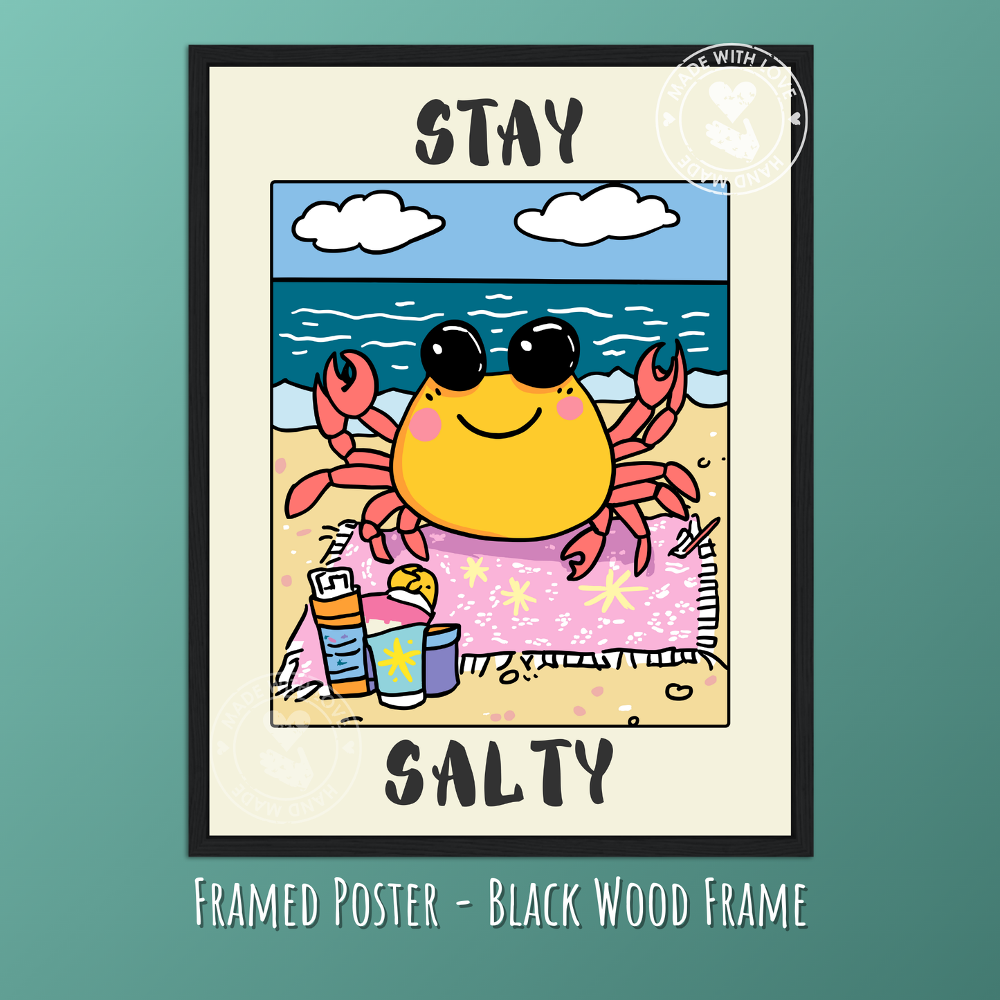 Stay Salty Retro Crab Poster – Vintage Beach Wall Art, Coastal Summer Decor, Nautical Typography Print, Ocean Aesthetic, Beach House Artwork