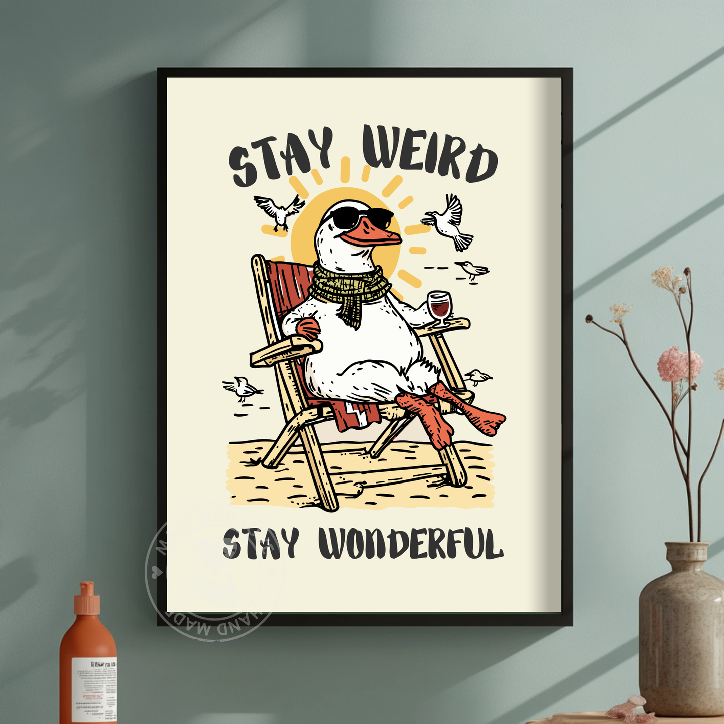 Funny Seagul Poster, Whimsical Tea Print, Quirky Retro Animal Decor, Cute Seagul Illustration